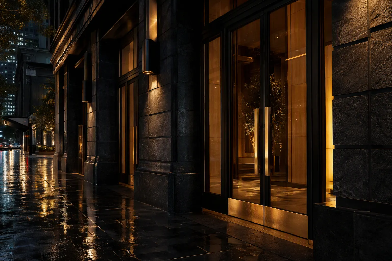 Melbourne CBD building entrance at night, warm amber light spilling from tall glass doors onto wet footpath
