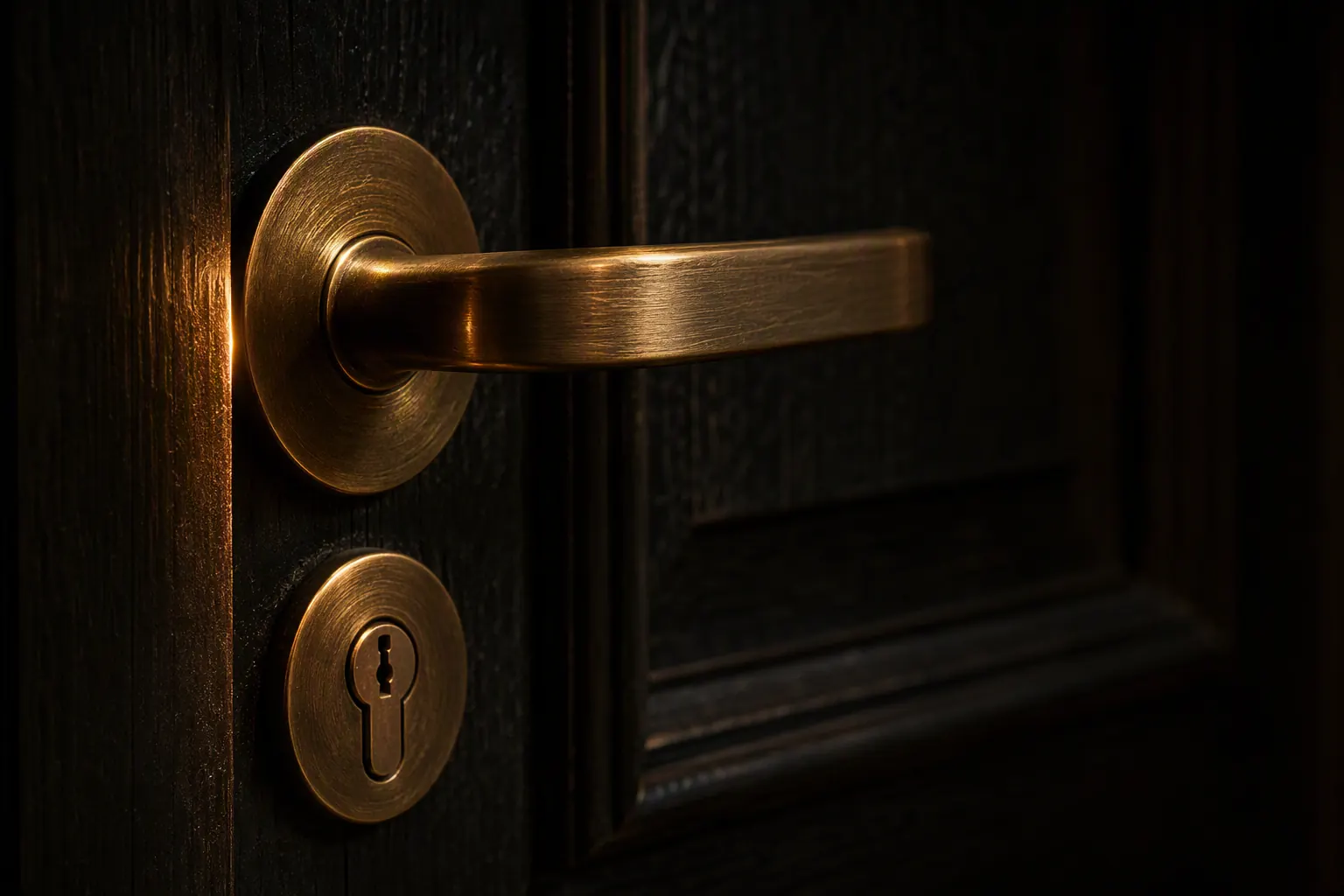 Brushed brass lever handle and cylinder escutcheon on a near-black door, lit by a single warm rim light