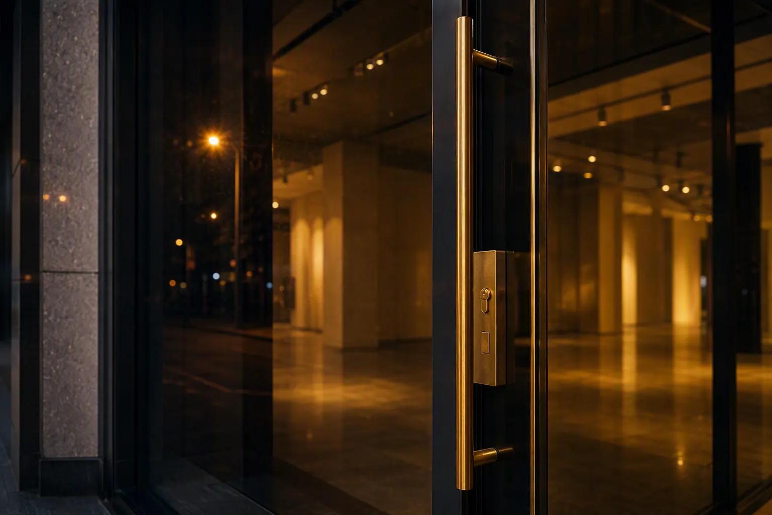 Dark commercial glass shopfront door at night with a tall brushed brass pull handle