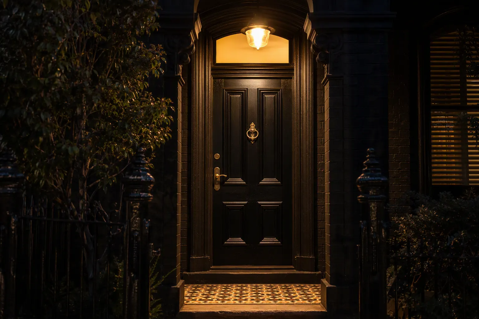 Charcoal painted Victorian terrace front door at night with brass knocker and warm porch light